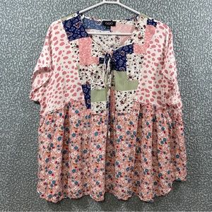 Gigio USA Womens Pink Floral Patchwork Tunic Short Sleeves Oversized Size Large